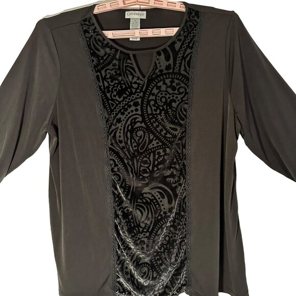 Catherines Tops - Catherines Women's Black Velvet Burnout Panel KeyholeTop SZ 0X